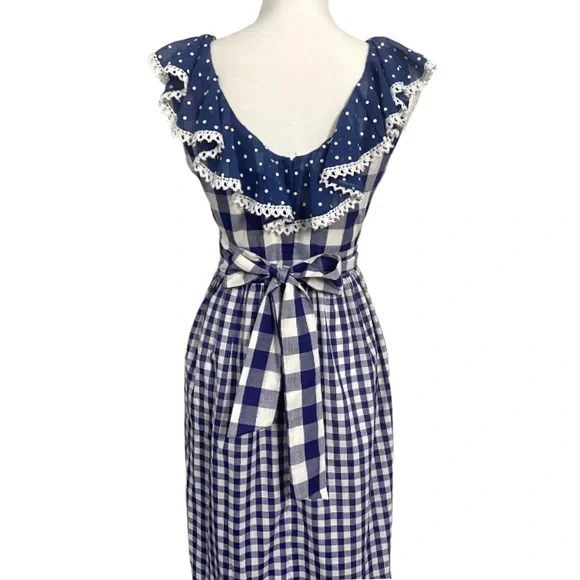 Vintage 70s Blue Gingham Maxi Dress White Checkered Prairie Dress Plaid Long - Picture 11 of 14